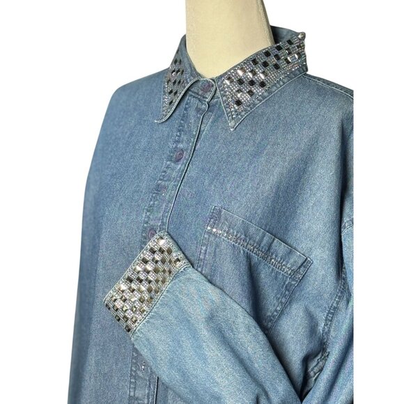 Vintage 80s Grand Ole Opry  L/XL Blue Denim Button Down Shirt Rhinestone Studs - Picture 5 of 12